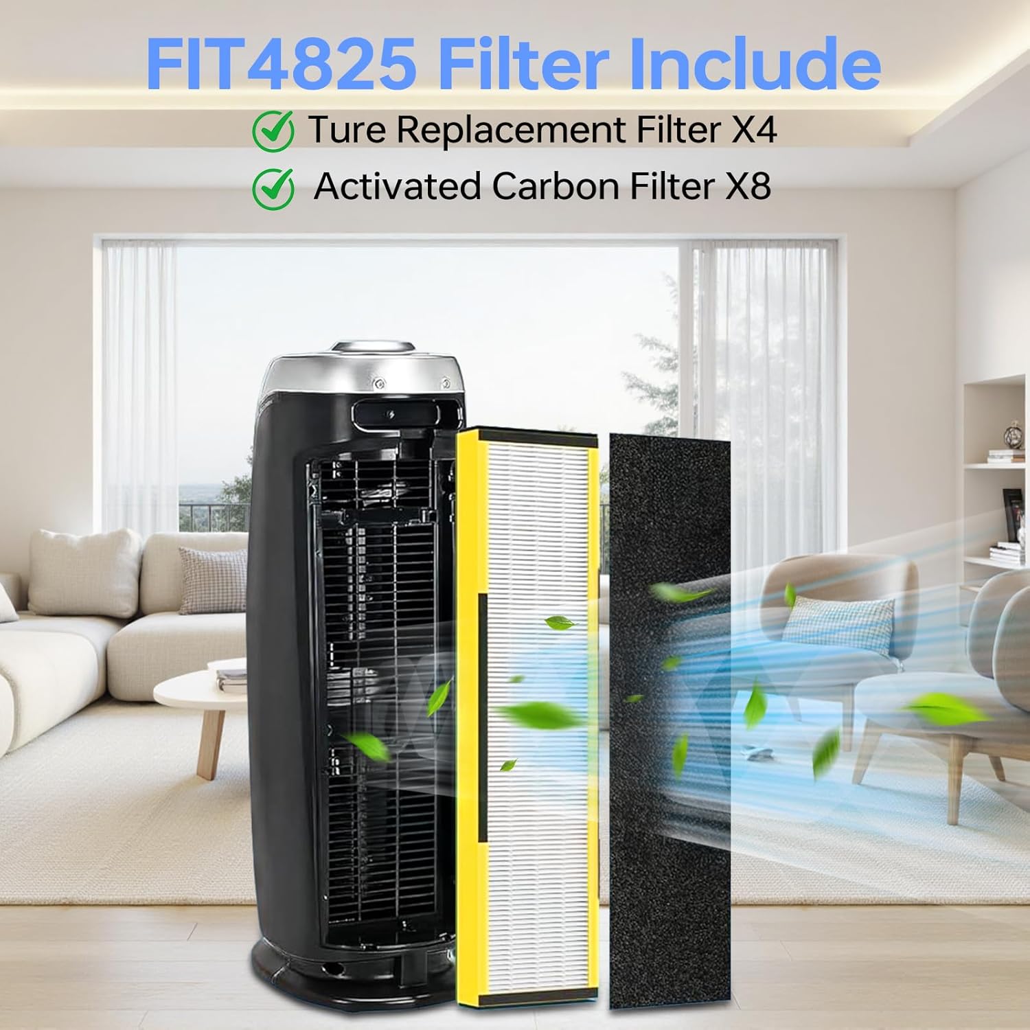 4 Pack FLT4825 True Filter B Replacement Compatible with Guardian Air Purifiers AC4825 AC4825E AC4825W AC4300 AC4800 AC4850 AC4900 AC4820, 4 True Filters + 8 Carbon Pre-Filters