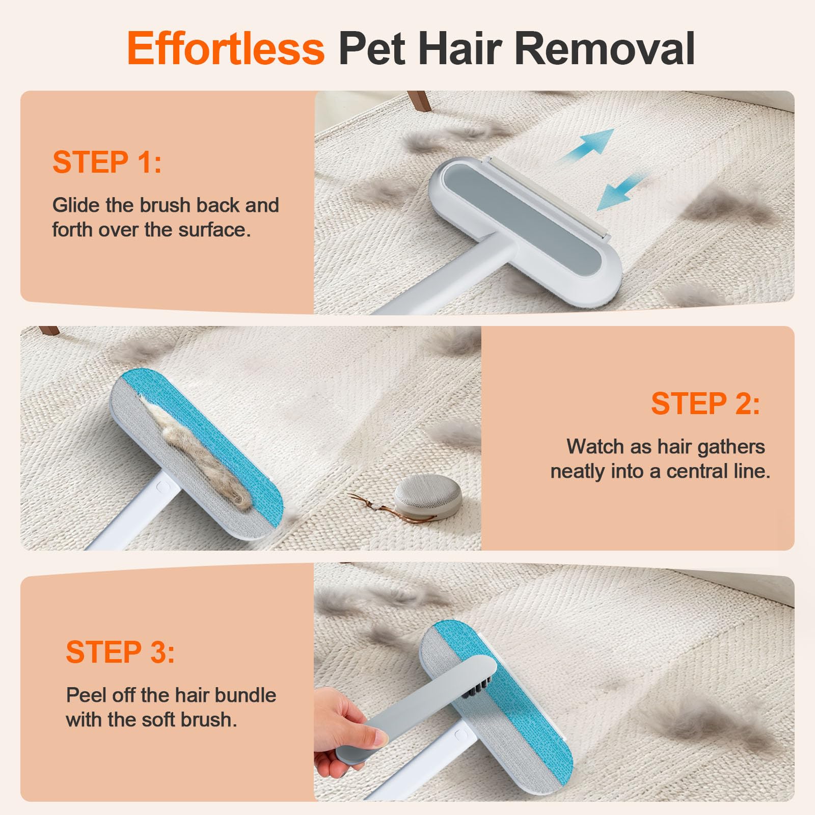 Pet Hair Removal Tool for Furniture, 3 in 1 Cat and Dog Hair Removal Tool, Suitable for Use on Furniture, Carpets, Clothing, and Bedding, Durable, Reusable, Washable, Grey, 1 Pcs - image 3