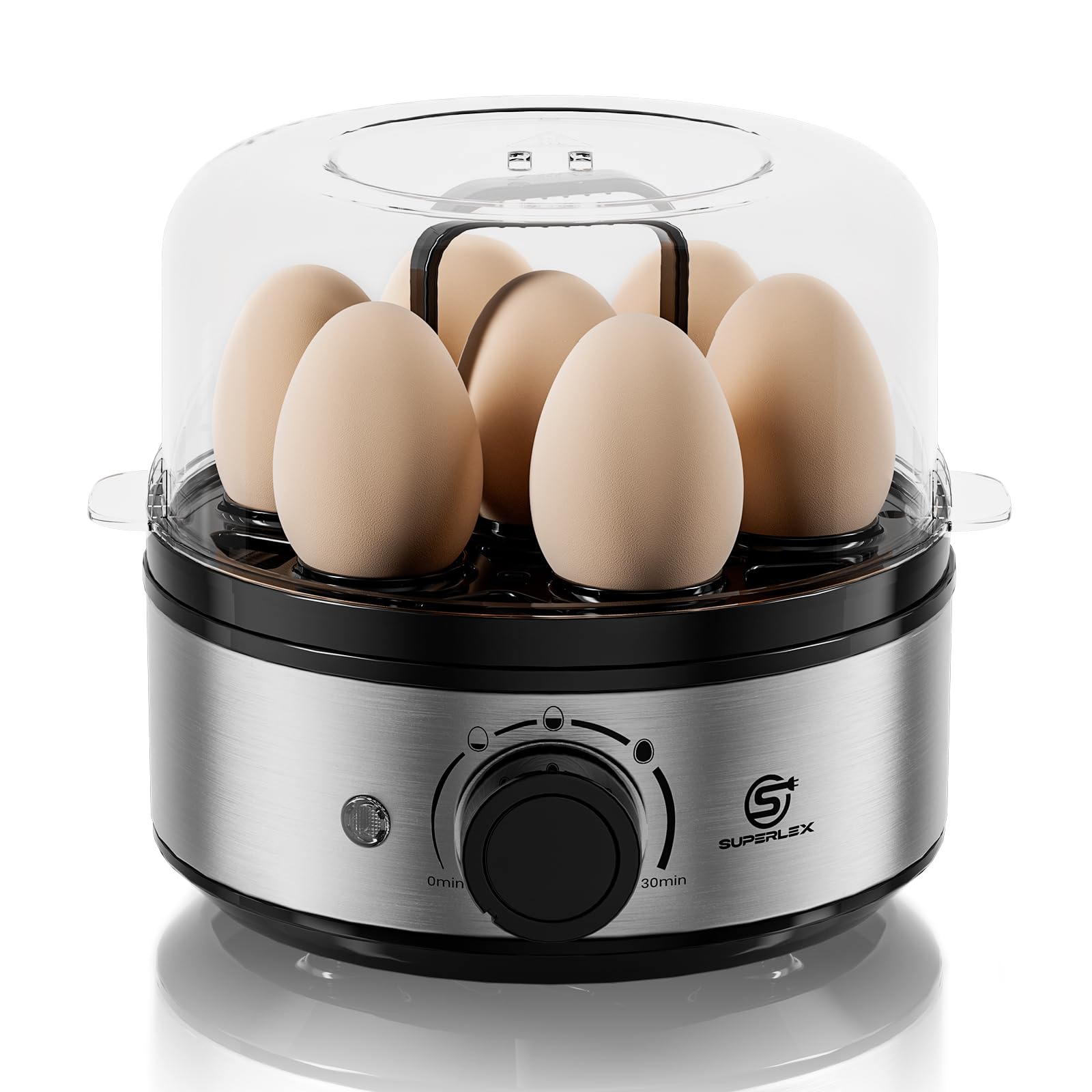 SUPERLEX Egg Boiler Electric 7-Egg Cooker | Adjustable Soft, Medium & Hard Boiled Eggs | Compact 1-Tier Breakfast Cooker with Timer & Auto Shut-Off for Family Breakfasts