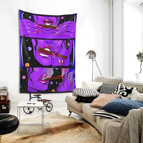 Miniatura 4 de Trippy Cool Girl Tapiz para colgar en la pared, tapiz hippie con estampado de arte morado, azul, negro, cortina de manta para mujer, decoración