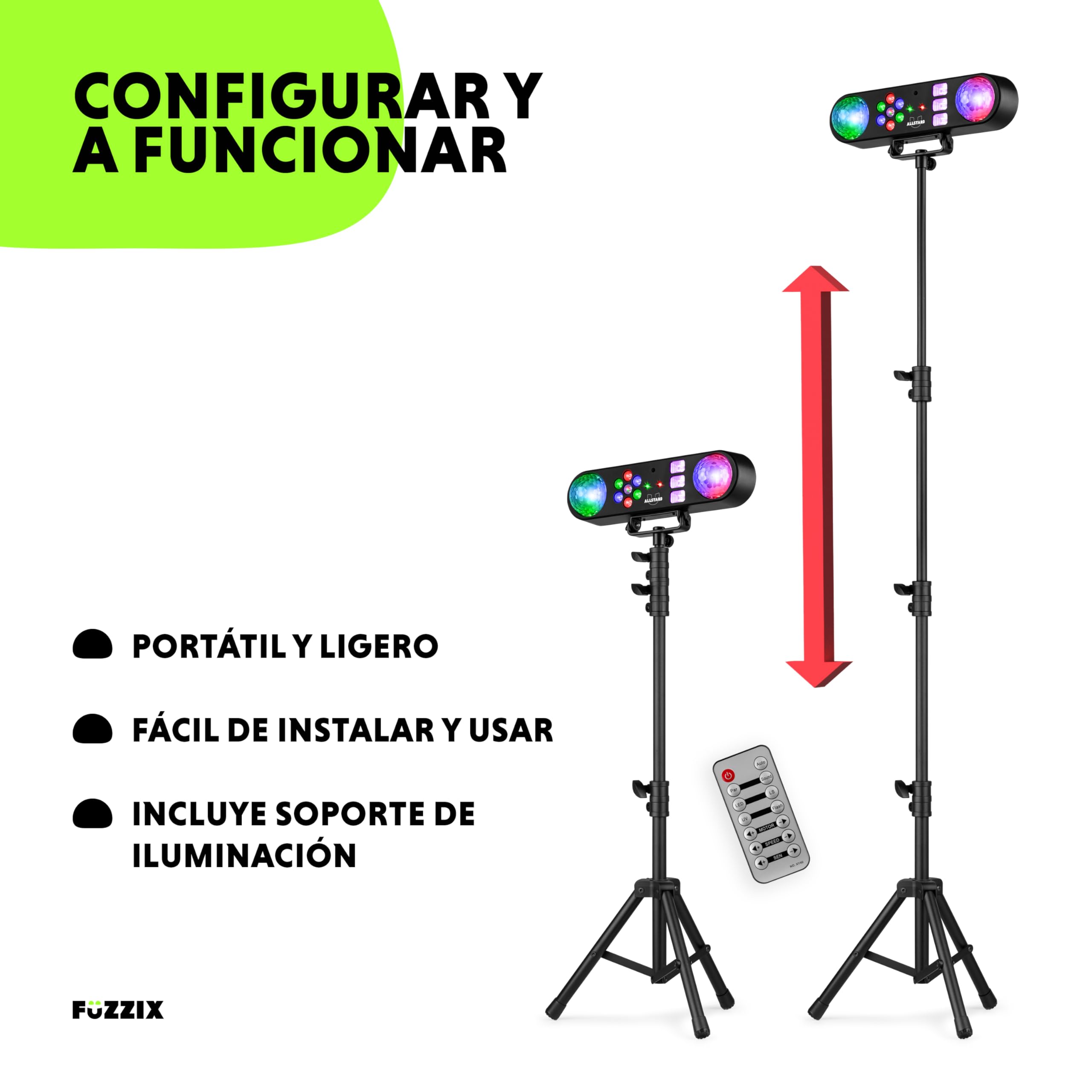 Fuzzix AllStar3 Party Bar - Barra de luces LED RGB con Jelly Ball giratorias, efecto wash, estroboscópico UV/blanco, control remoto, trípode ajustable y modo automático o musical