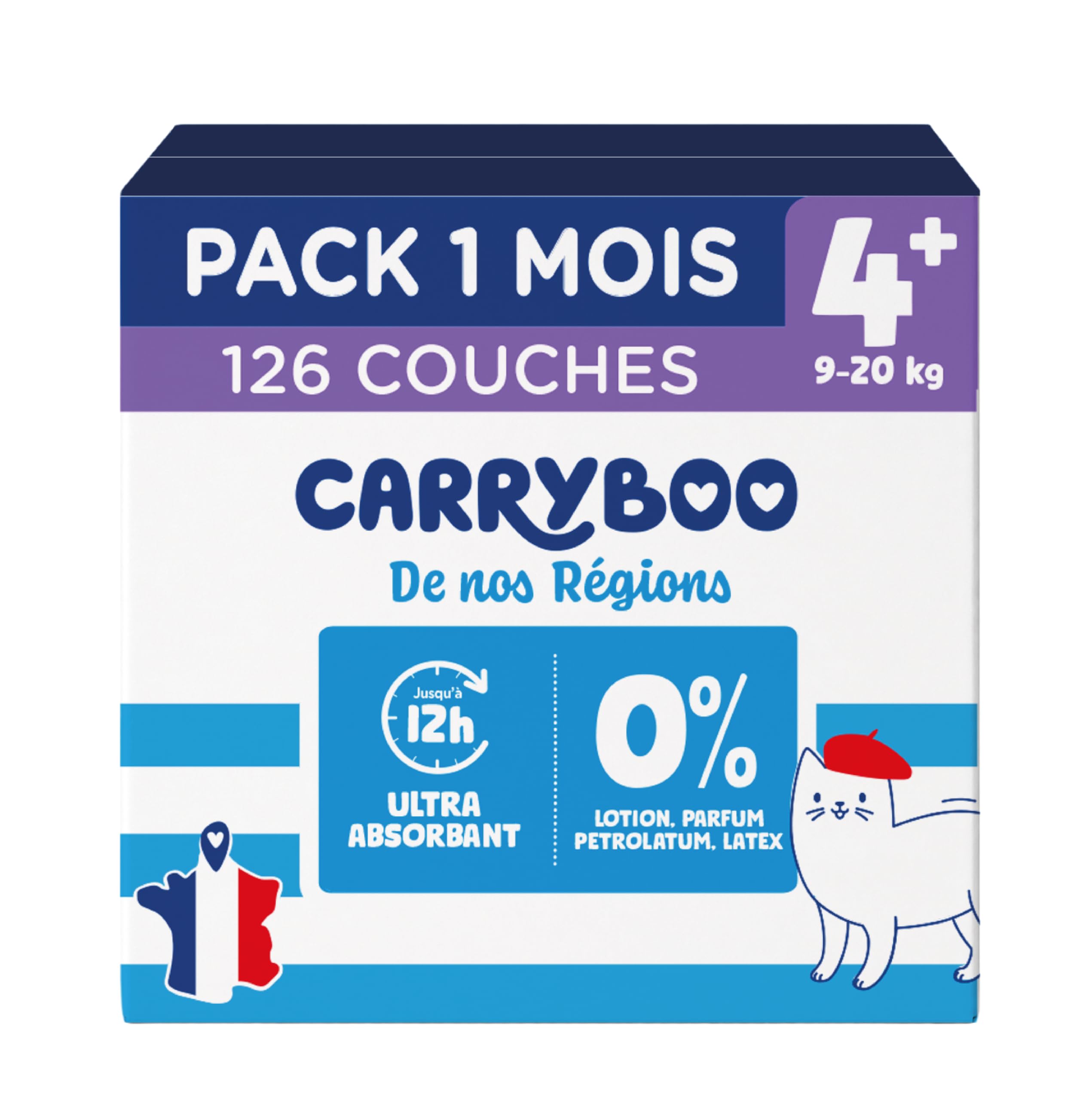 Carryboo De Nos Regions - Pieluszki Rozmiar 4+ 9-20 kg - Pieluszki jednorazowe pochodzenie Francja - Pielęgnacja niemowląt - Lokalna i ekologiczna - Naturalny skład - Dostępna cena - 126 przedmiotów -