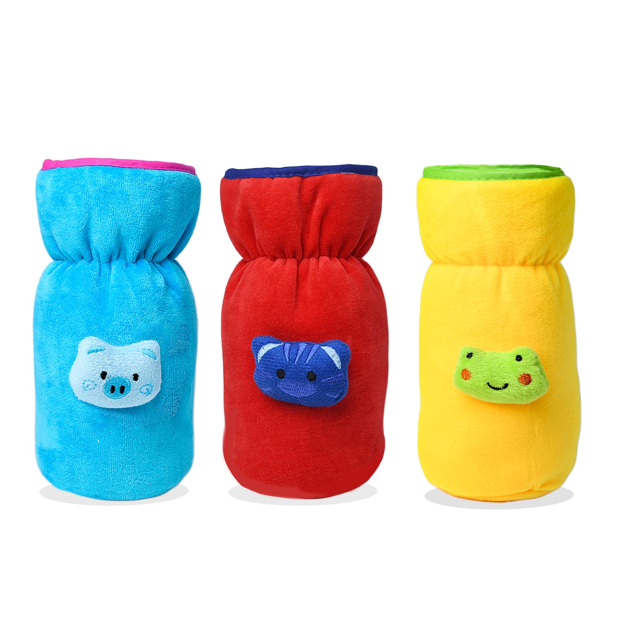 THE LITTLE LOOKERS Bottle Cover for Philips Avent/Wide Neck Feeders Soft Plush Stretchable Baby Feeding Bottle Cover with Easy to Hold Strap (Blue, Red & Yellow, Wide Neck 240-330ml/8-11OZ)