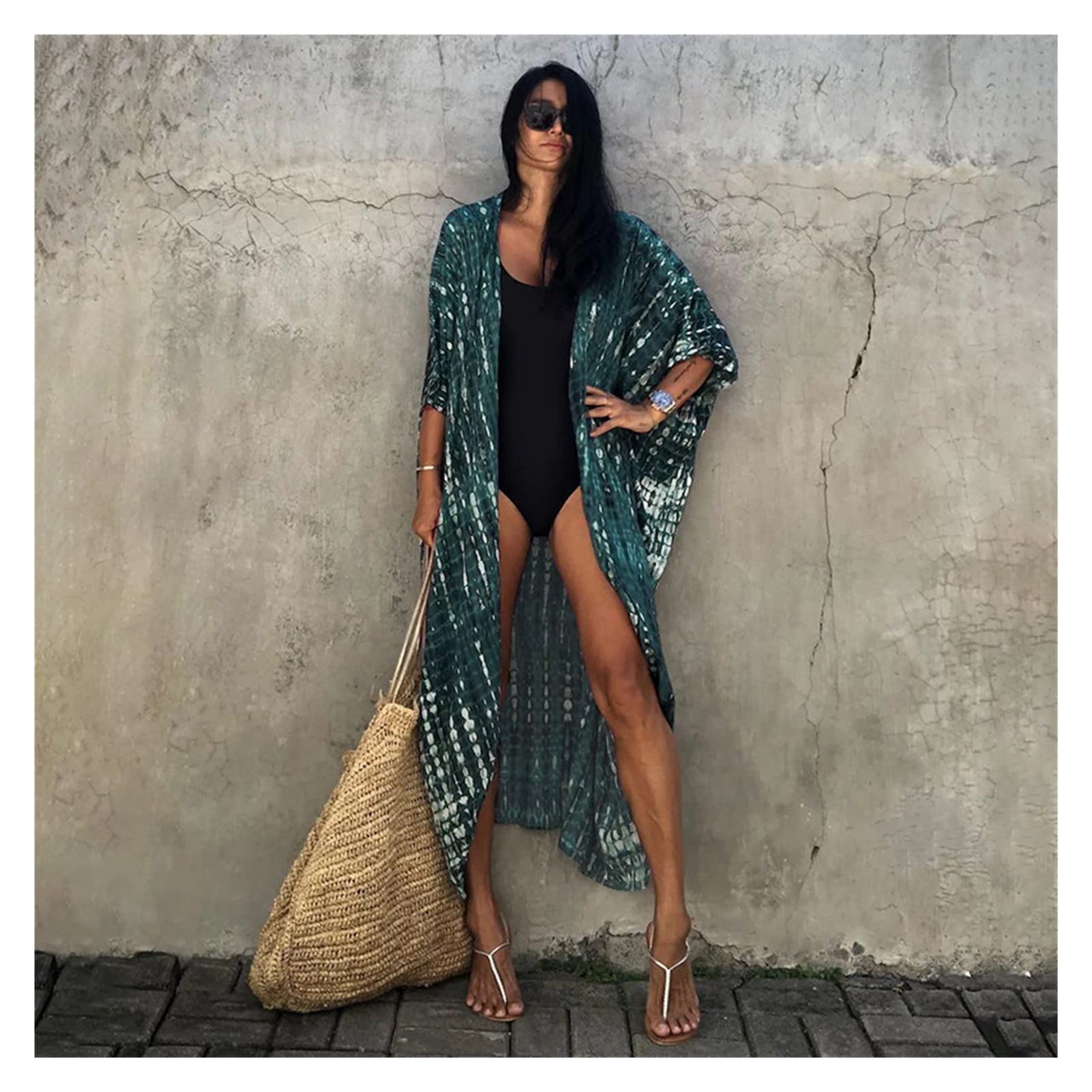 Copricostume da Spiaggia for Costumi da Bagno Donna Kimono Nero Tie-Dye Costume da Bagno Mantello Abito Estivo Abiti da Spiaggia (Color : Dark Green Cover up, Size : One Size)