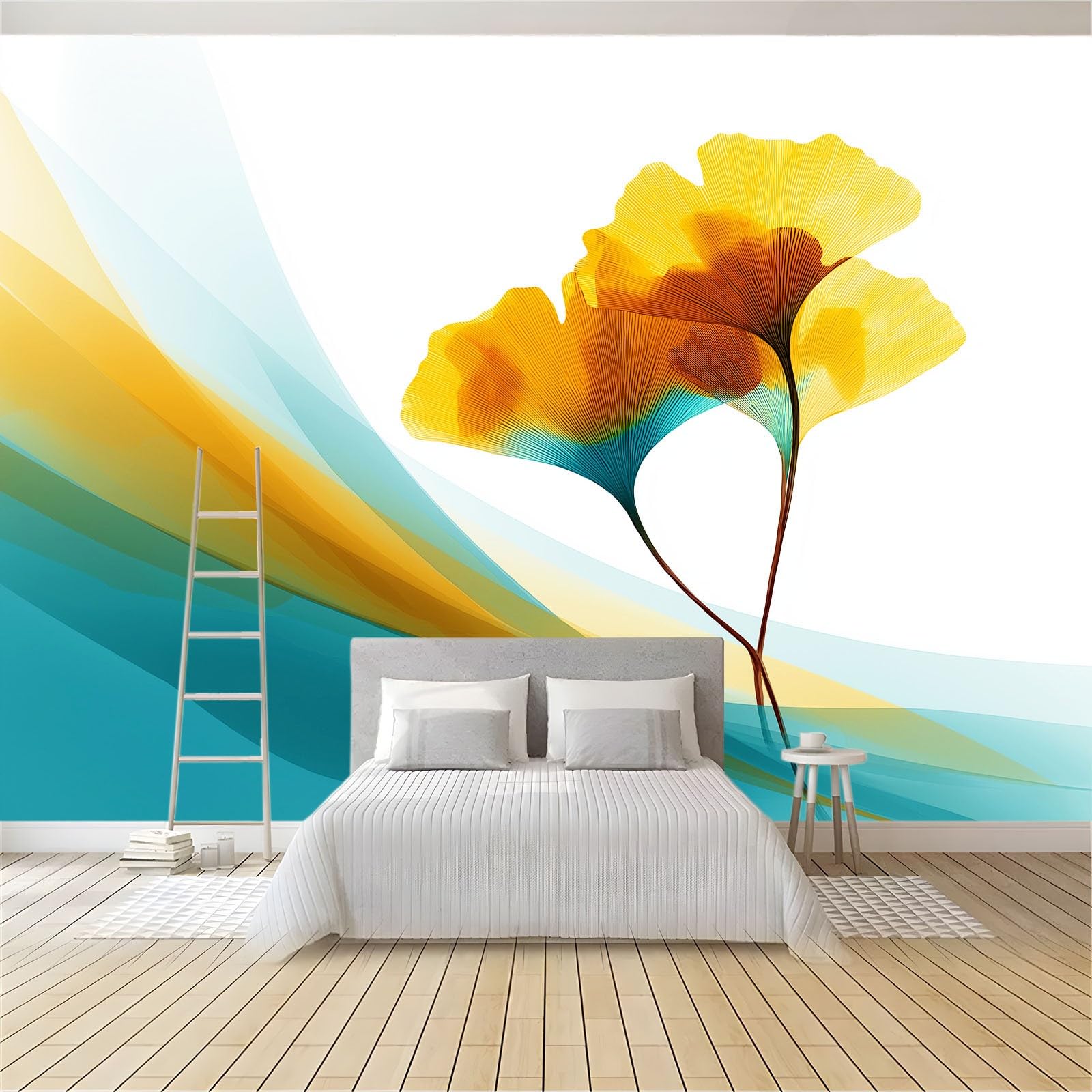 Carta da parati Fotomurale in una Versione su Misura 250 x 175 cm (L x A), Astratto Minimalismo Foglia Di Ginkgo Carta da Parati Murale (Blu-Verde) – per Soggiorno TV Hotel e Corridoio a Tema