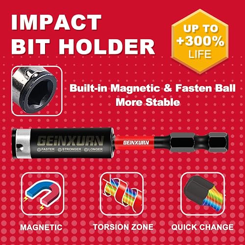 Geinxurn 68 Pieces Impact Screwdriver Bit Set (PH, TX, PZ, SL, hex), 1/4 inch Hexagonal Shaft S2 Alloy Steel 25/50/75/150 mm Bit Tips with 1Pc 75 mm Magnetic Bit Holder - 7