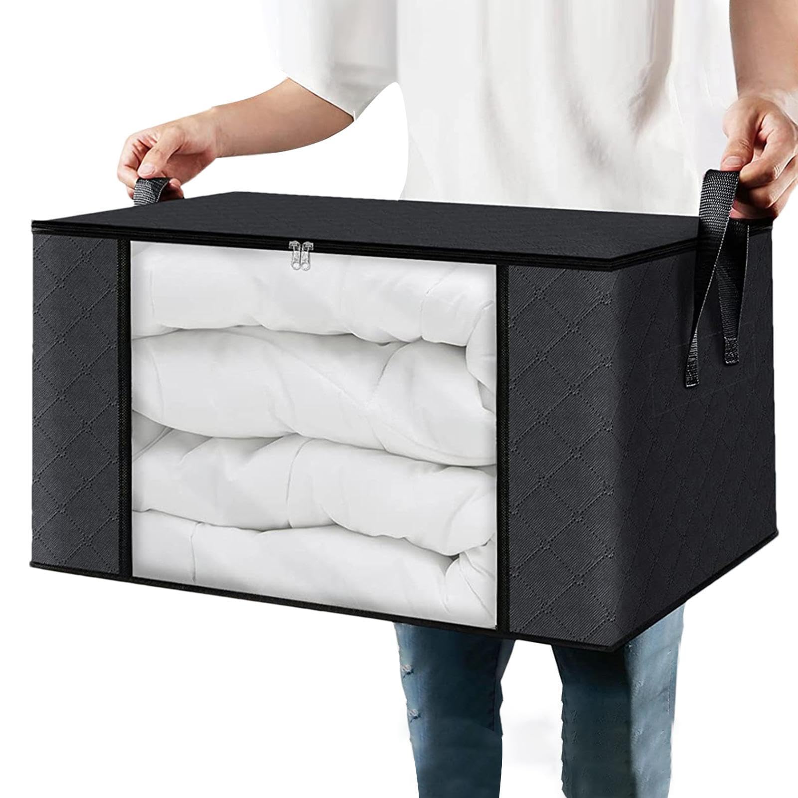 Novent Black Horizontal Reinforcement Quilt Storage Bag - Foldable Fabric Containers With Lids And Sturdy Zippers - 84 Litre Storage Boxes With Lids Large Storage Containers For Blankets