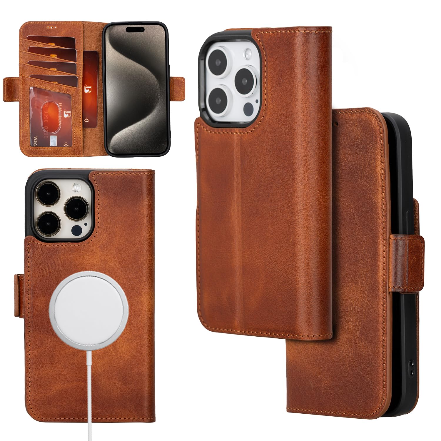 Bayelon Leather Wallet Case for iPhone 15 Pro Max- Flip Cover Card Holder, iPhone 15 Pro Max Wallet Case, Folio Case, Kickstand, MagSafe Compatible Wallet RFID Blocking (Vintage Brown)