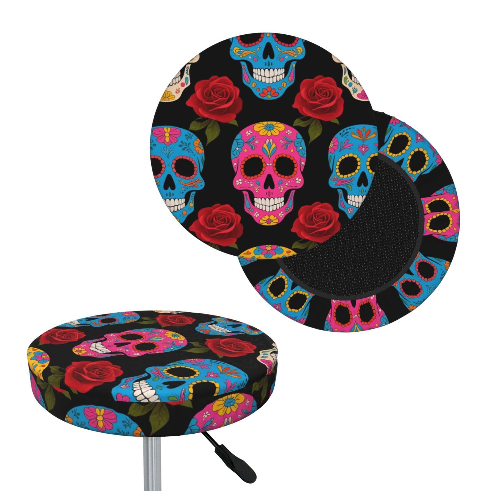 FekiLoot Sugar Skulls Round Bar Stool Covers Stretch Washable Bar Stool Covers Dustproof Slipcover Bar Chair Covers with Elastic Band for Bar Kitchen Living Room Decor 13 Inch