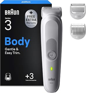 Braun Series 3 Körpertrimmer, +3 Pflegeutensilien, mit SkinGuard Technologie, 80 Minuten Aktionszeit, sensibel für empfindliche Stellen, Pflege und Zuschnitt, wasserdicht, BG3530, grau