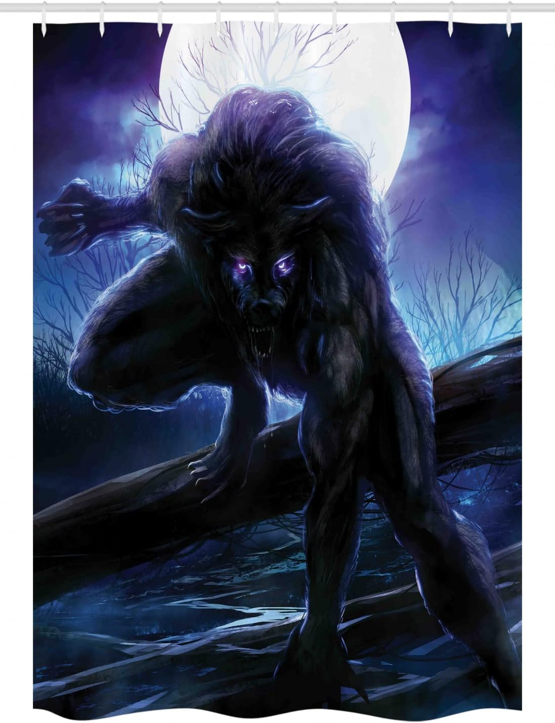 Ambesonne Fantasy World Stall Shower Curtain, Surreal Werewolf Electric Eyes in Full Moon Transformation Folkloric, Fabric Bathroom Decor Set with Hooks, 54" W x 78" L, Purple Blue