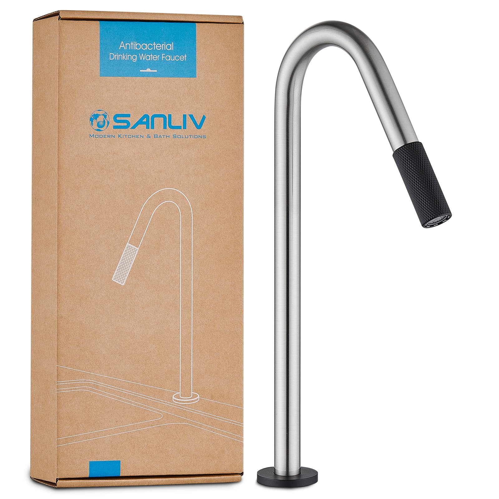 Sanliv Drinking Water Faucet, Brushed Nickel Filtered RO Water Faucet for Kitchen Sink with Black Handle, Reverse Osmosis Faucet, Water Dispenser Faucet, Stainless Steel, Lead-Free