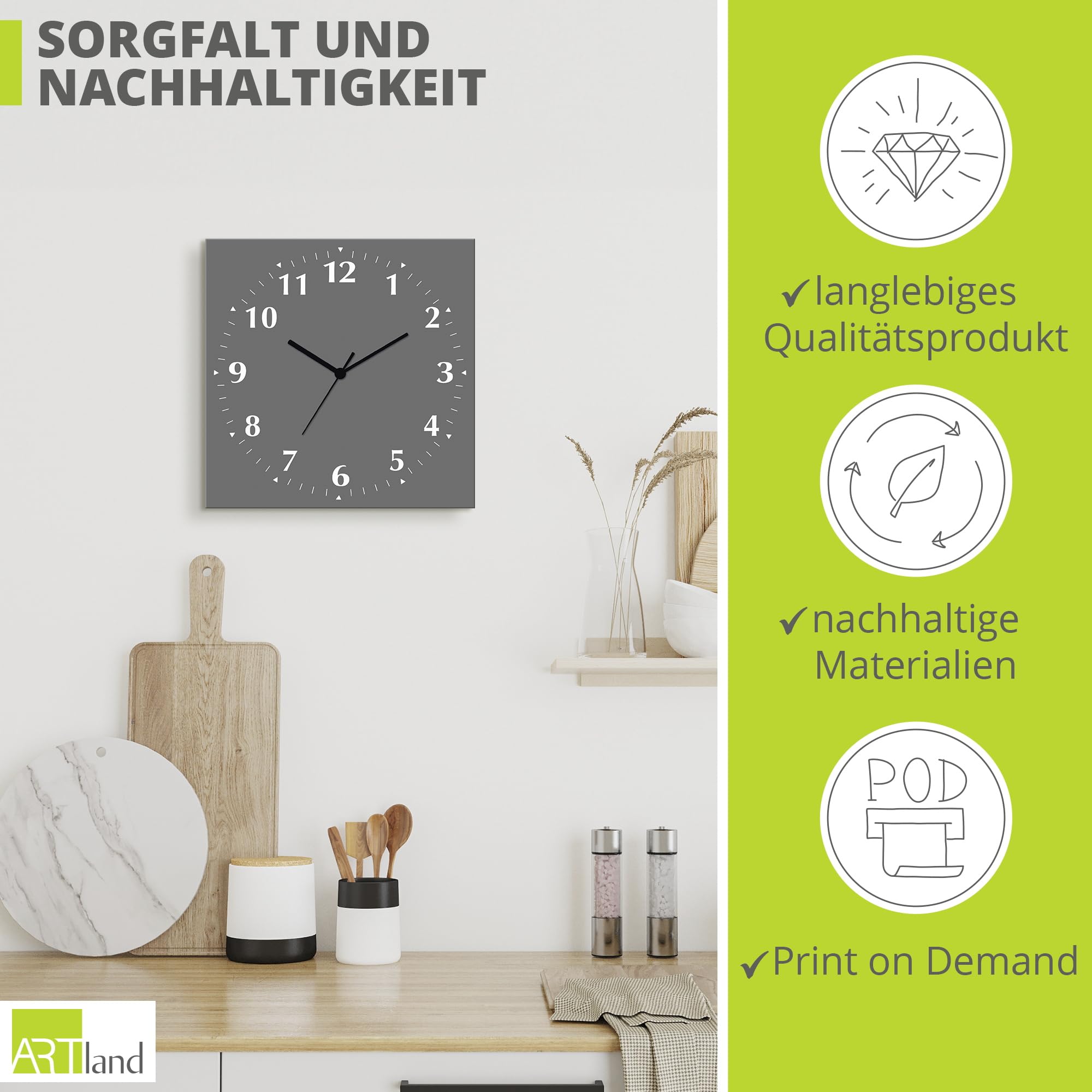 ARTLAND Wanddeko Wanduhr ohne Tickgeräusche Alu Funkuhr 30x30 cm Quadratisch Lautlos 12 Ziffern Farbig Schlichtes Design Grau S7KC
