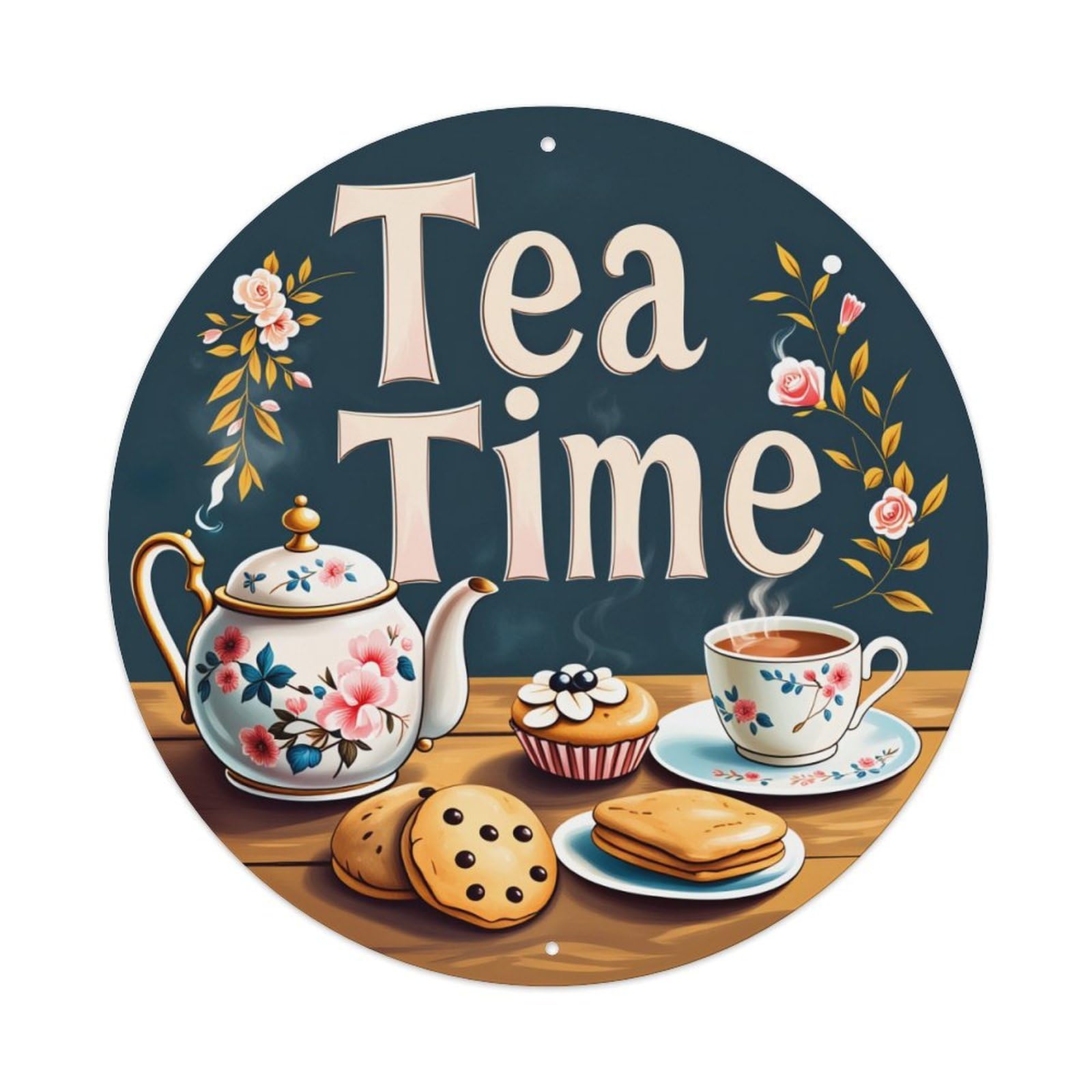 Floral Teapot Cup Cookies Cake Metal Tin Sign Vintage Garden Bedroom Cafe Bar Man Cave Home Wall Decor Metal Poster 8x8 inches