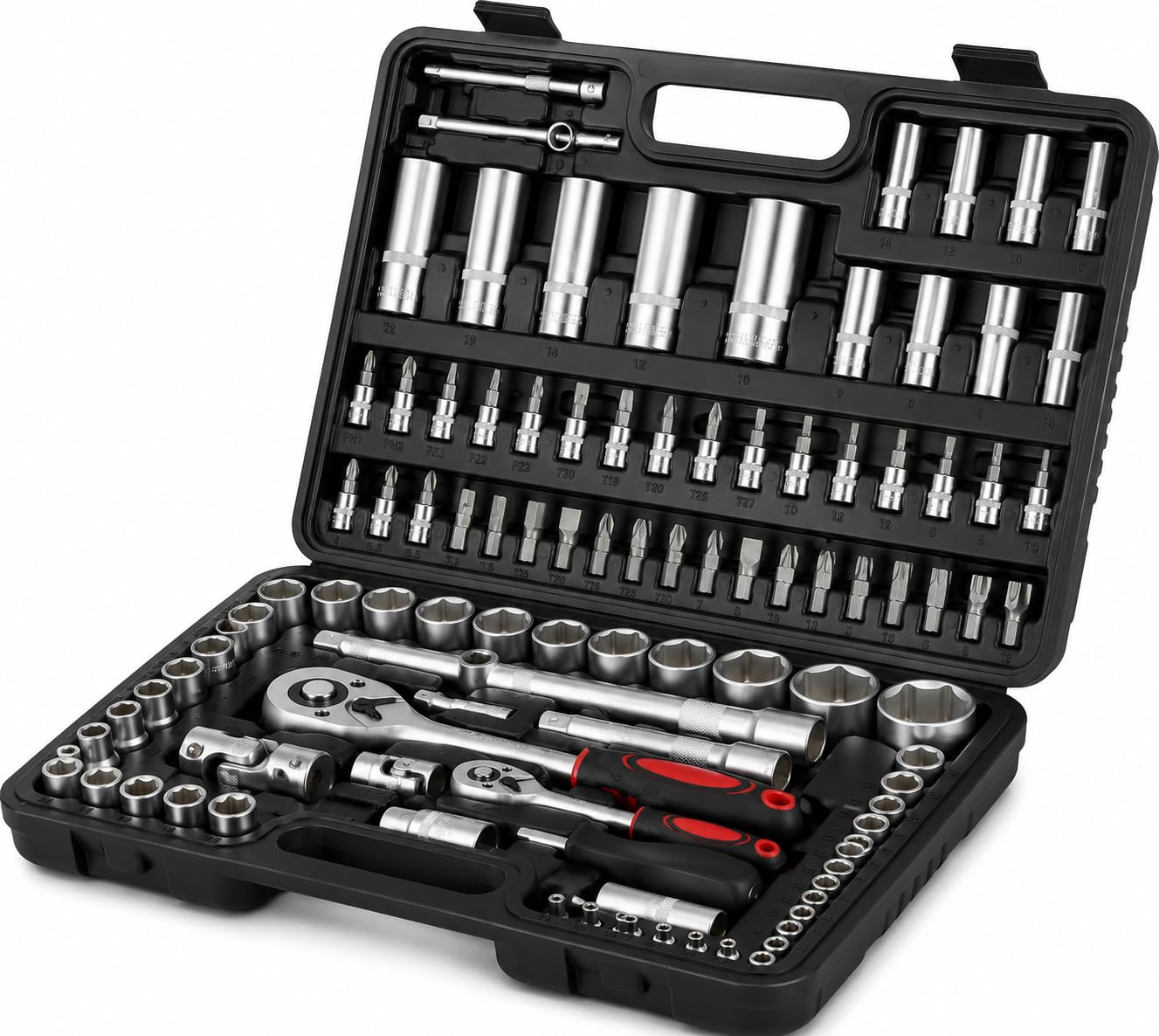 Set Chiavi a Bussola 108 Pezzi con Cricchetto Reversibile 1/4" e 1/2", Cassetta Attrezzi Professionale in Acciaio Cromo Vanadio, Kit Bussole e Punte per Meccanica Auto e Fai da Te