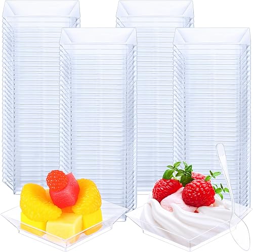 Miniatura 8 de Gandeer 300 mini platos de postre con 300 cucharas de degustación, platos pequeños cuadrados de aperitivos desechables de plástico transparente para