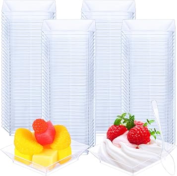 300 Pcs Mini Dessert Plate Clear Plastic Appetizer Trays Small Disposable Plate with 300 Tasting Spoon Square 1 oz 2.4"x2.4" Party BBQ Wedding Picnic Party Travel Event MicrowavableClassical