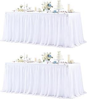 2 Pack White Tablecloths for 6 Foot Rectangle Tables Stretch Tulle Table Cloth Spandex Fitted Table Covers with Ruffle Skirt for Wedding Birthday Bridal Baby Shower Party Banquet Dessert Table Decor