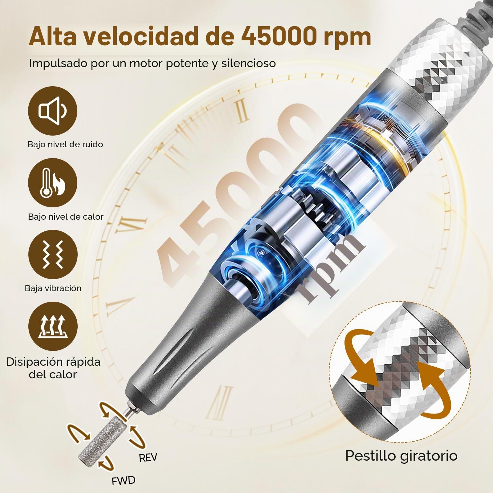 Torno para Uñas Profesional, 45,000 RPM Lima Electrica Uñas Profesional, Kit 11 Fresas Brocas, 56 Tiras Abrasivas, Pantalla táctil LCD, Quitar Acrílico Gel/Esmalte/Callos, para Uso Doméstico Salones