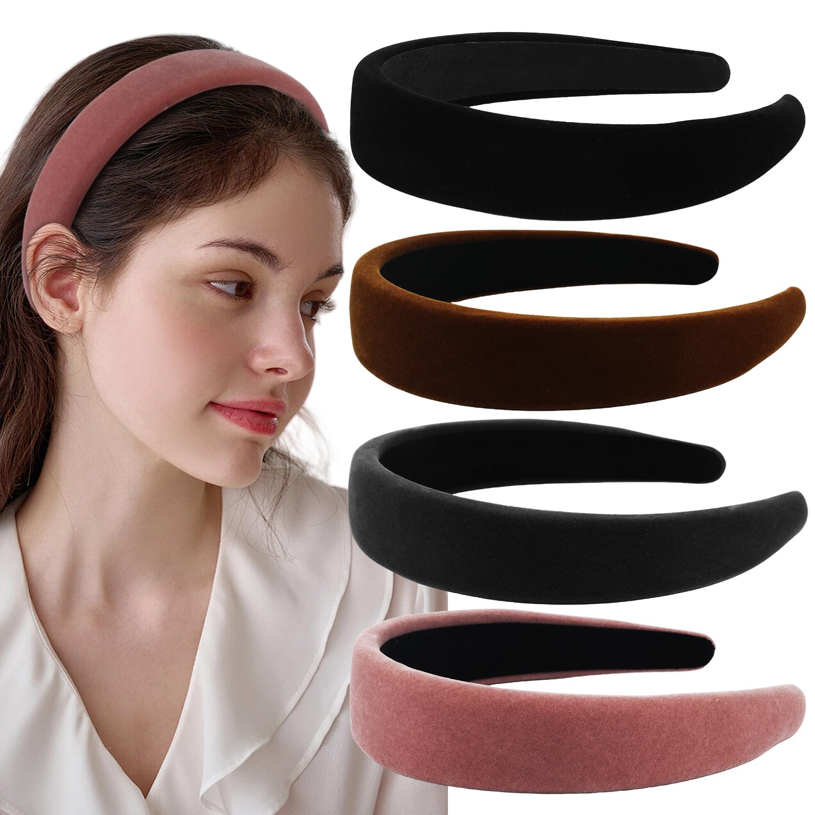 Juego de 4 diademas de terciopelo para mujeres y niñas, paquete de diademas anchas antideslizantes negras gruesas para adultos, bandas acolchadas para el pelo suave, para cabello largo, corto, fino,