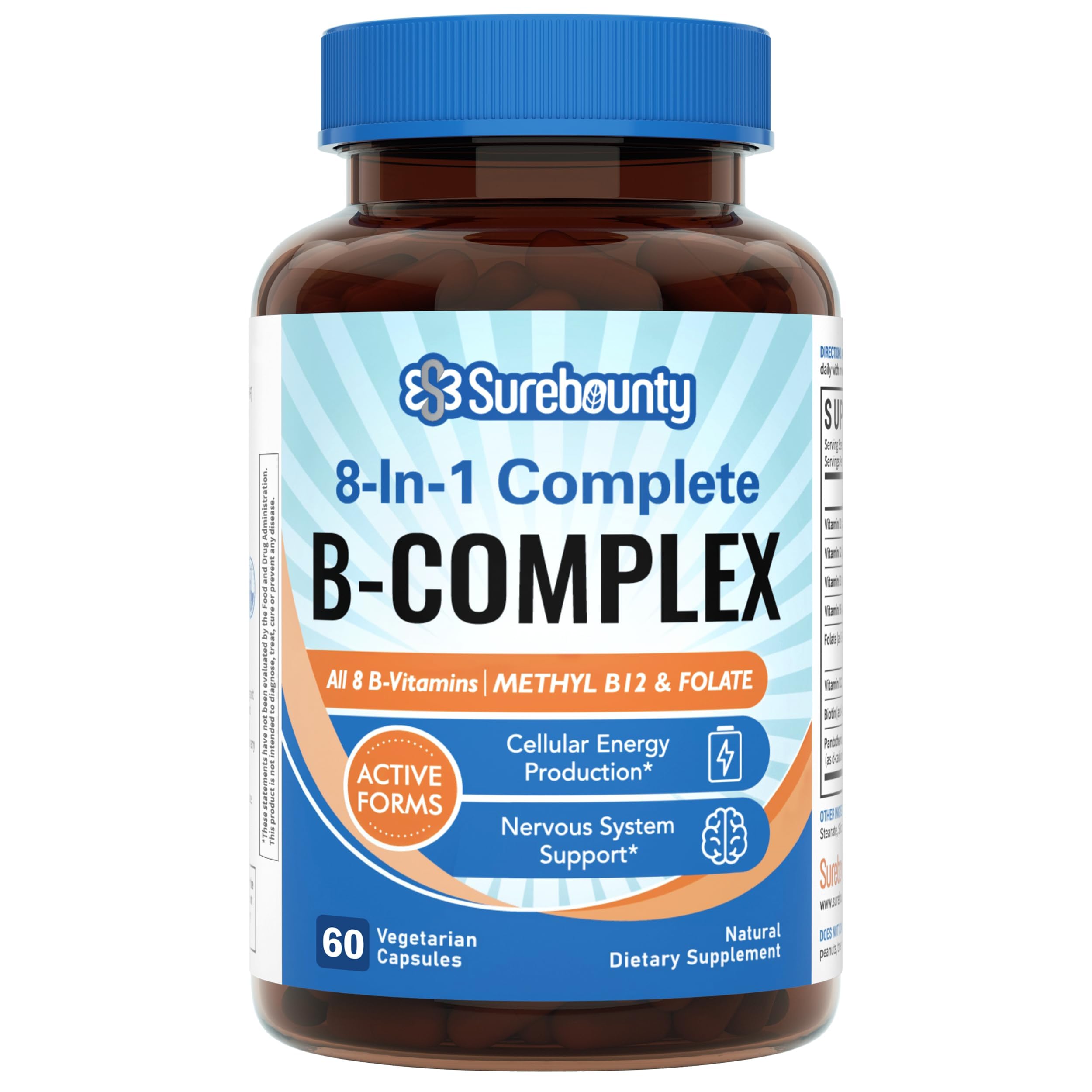 8-in-1 Vitamin B Complex Capsules for Women & Men, Super B Complex Vitamins, B12, B1, B2, B3, B5, B6, B9, Biotin, Folate, Methylated Forms, Energy, Nerve, Blood Support, 60 Caps