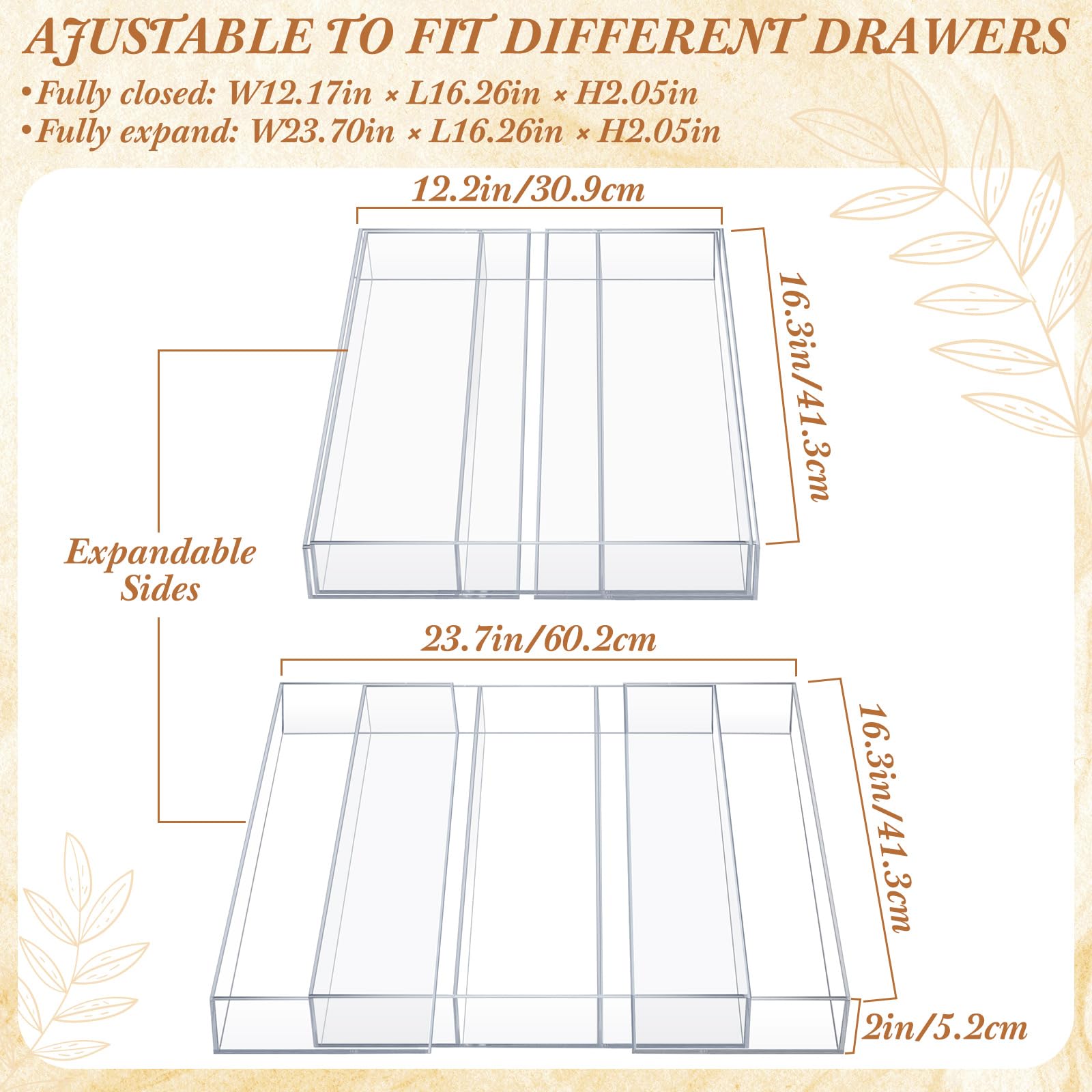 Organizador de cajones de cocina expandible, organizador de utensilios de acrílico transparente, almacenamiento de cubiertos de acrílico ajustable para cajones de cocina, cubiertos y 2