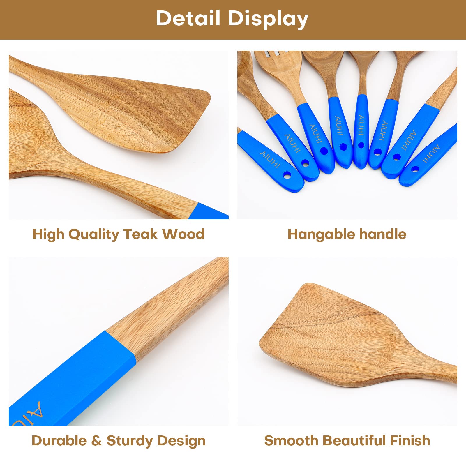 Wooden Spoons for Cooking Teak Wood Utensils for Kitchen Wooden Utensils for Cooking Wooden Kitchen Utensils Set - Sea Blue