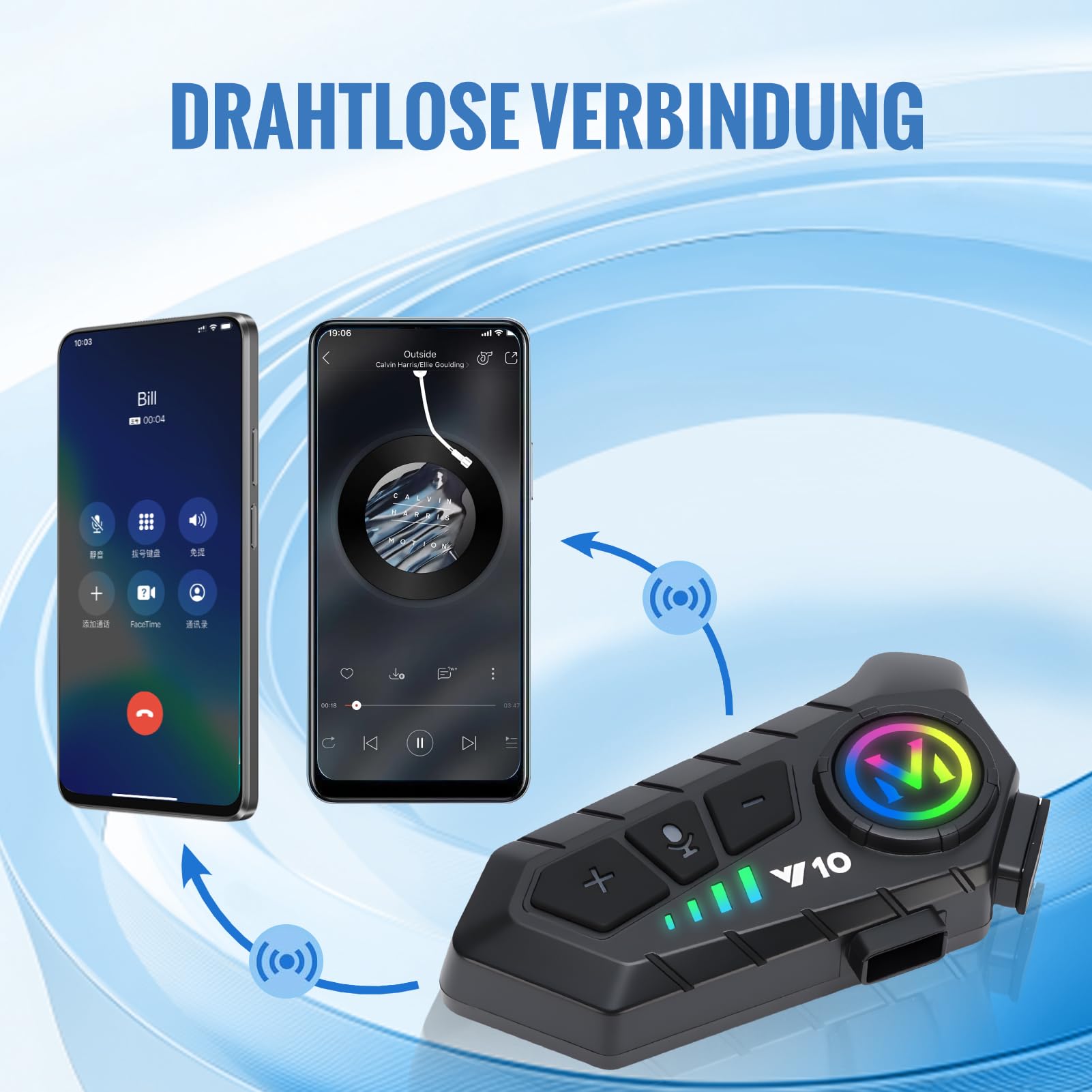 Motorradhelm Bluetooth Headset, Y10 Motorrad Helm Headset mit Sprachassistent, Automatische Beantwortung und Doppelte Geräuschabsparung, für Motorradfahren Skifahren Radfahren