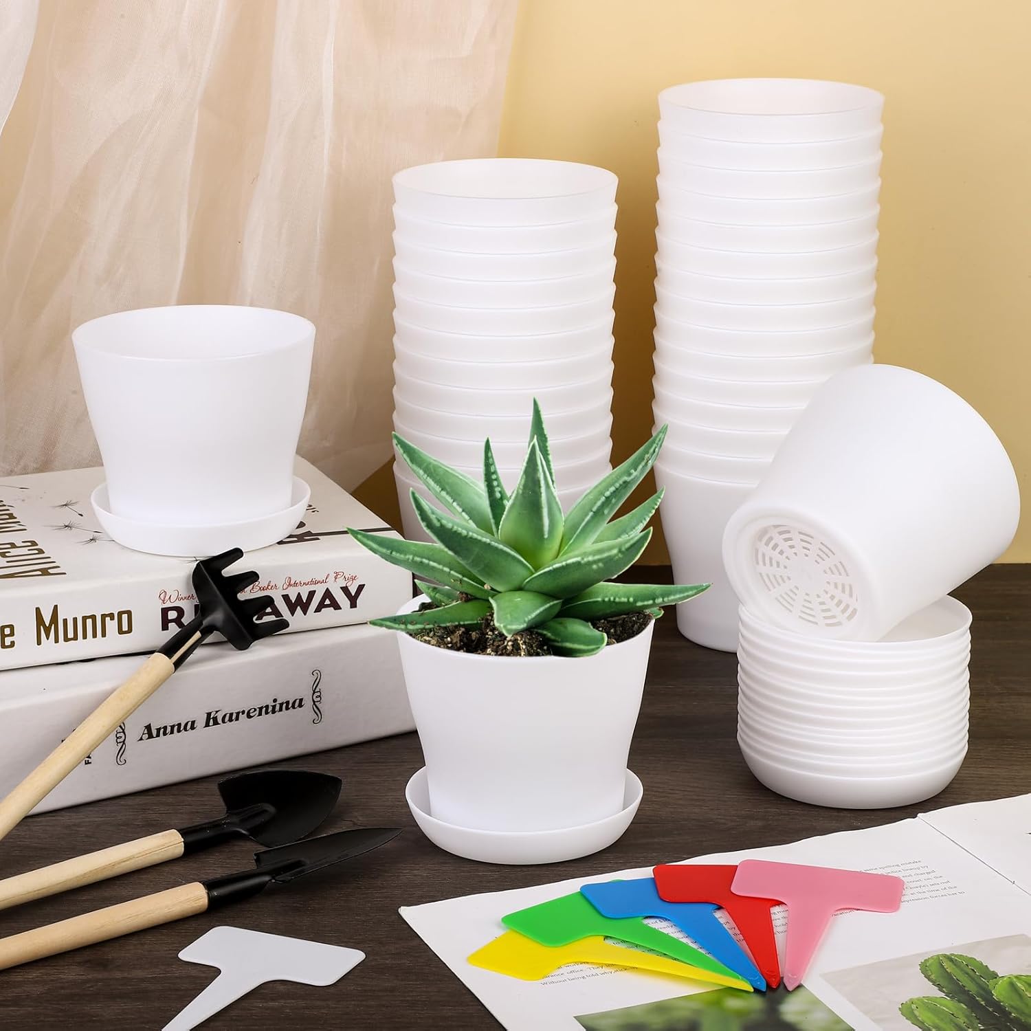 Hahood 48 Pack Plastic Planters 4 Inch Flower Plant Pots Indoor Set Thickened Seedling Nursery Pots Seed Starting Pots with Drainage Holes Saucers, Mini Garden Tools for Home Office Garden, White