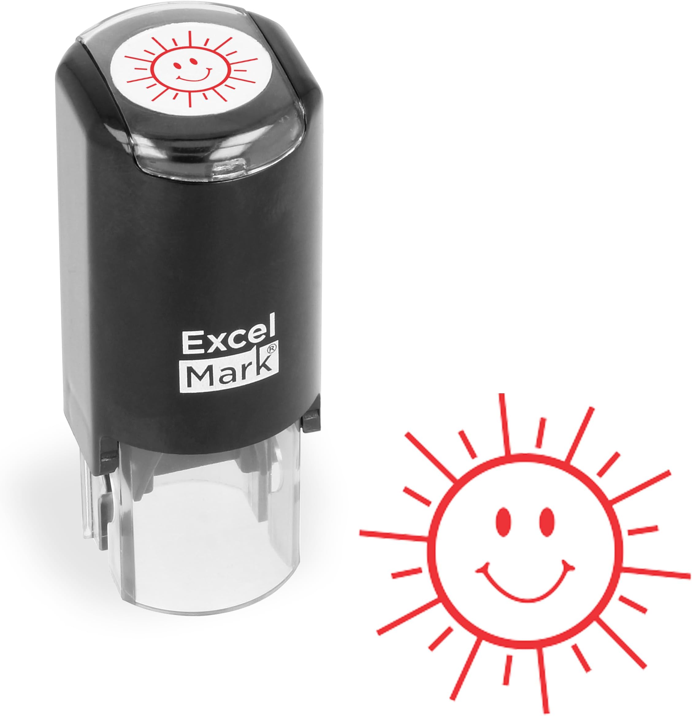 ExcelMark Happy Sun - Round Self-Inking Teacher Stamp - Red Ink