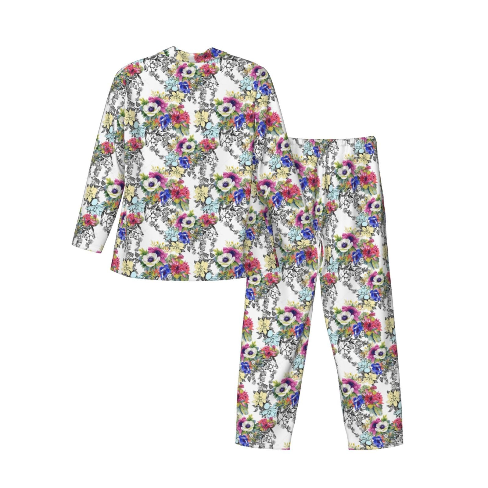 Giardino Fioritura Fiori di campo Uccelli Foglie Rami Stampa Uomo Manica Lunga Pigiama Set Pigiameria Due Pezzi Casa Viaggio Outfit Lounge Pantaloni
