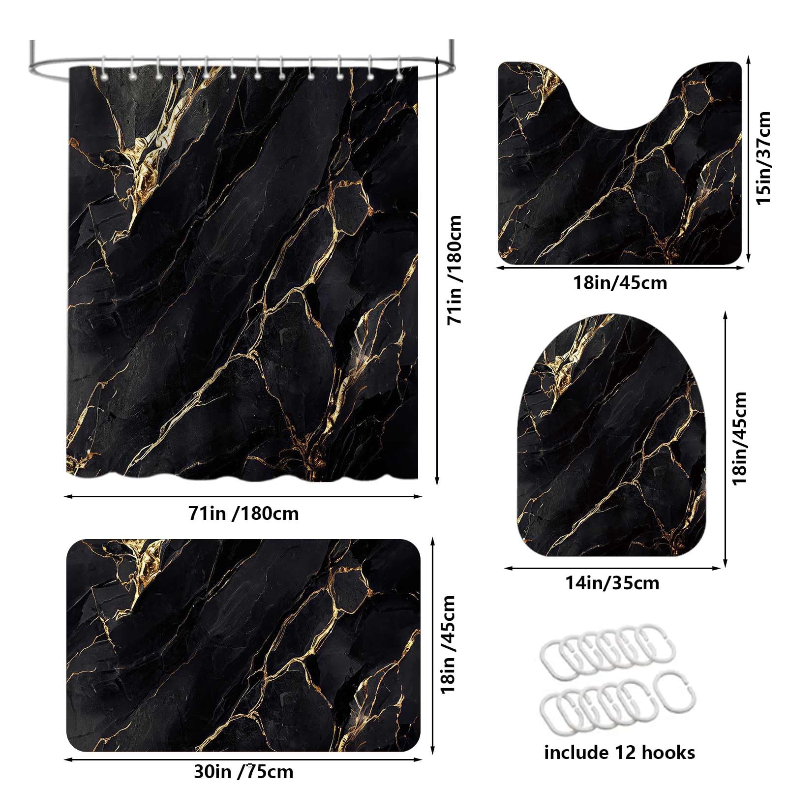 AIBIIN Lot de 4 rideaux de douche en marbre noir abstrait avec tapis antidérapants, housse moderne pour abattant de toilette et tapis de bain, rideau de bain pour décoration de salle de bain (crochets