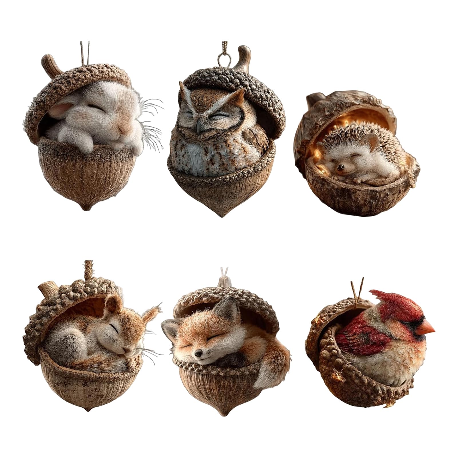 Forest Animal Acorn Ornaments - 2D Acrylic Cute Hanging Decorations, Rustic Nature-Themed with Squirrels, Hedgehogs, Foxes, Cardinals, Owls and Rabbits 1 Set