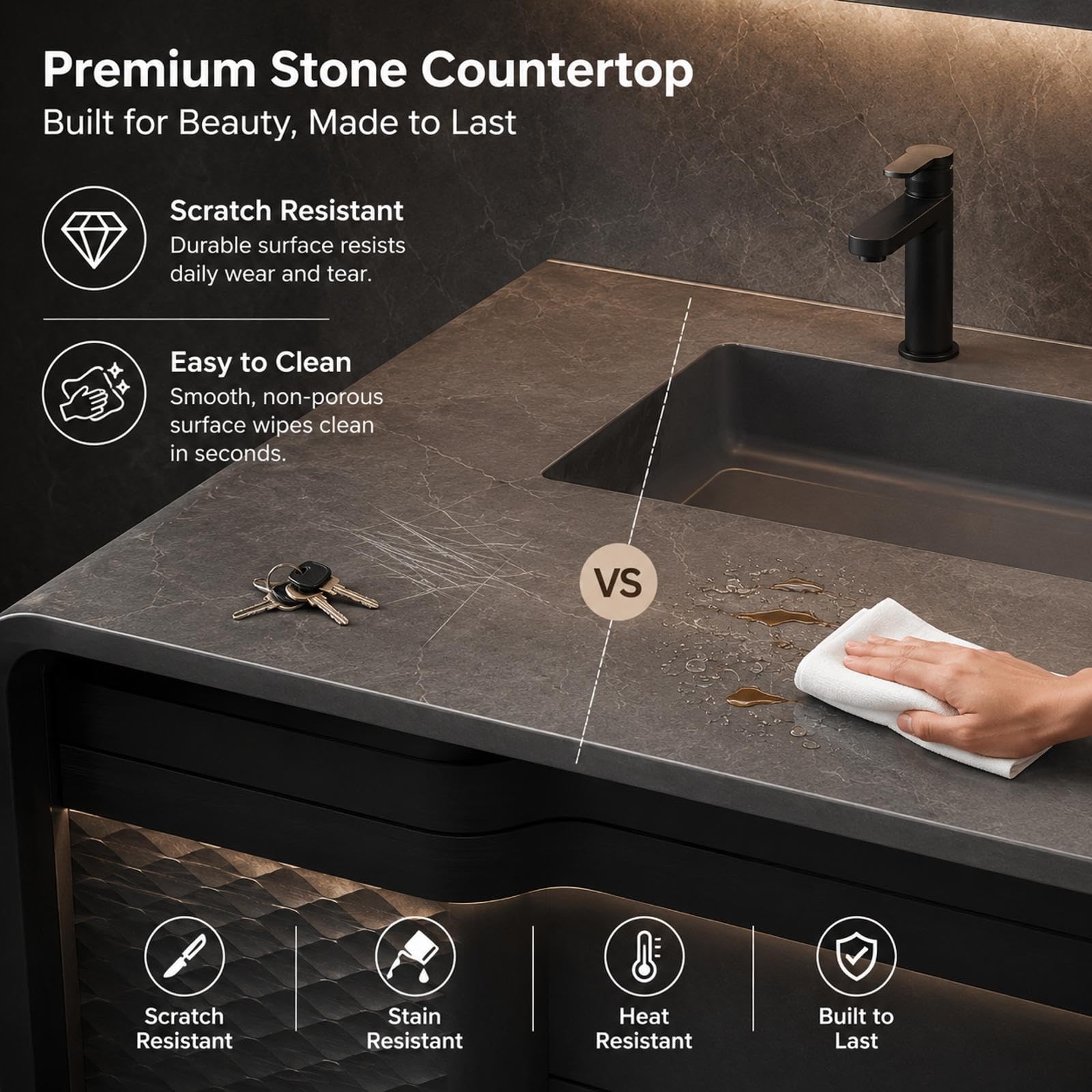 Tocador de baño doble de 60 pulgadas, diseño flotante moderno, espejo de desempañamiento inteligente, amplio almacenamiento, doble fregadero, encimera de piedra fácil de limpiar para baños elegantes