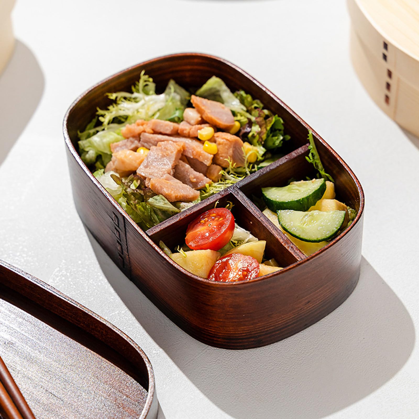 Boîte à bento japonaise traditionnelle en bois naturel à 3 compartiments pour enfants et adultes - Écologique - Parfait pour l'école et le travail