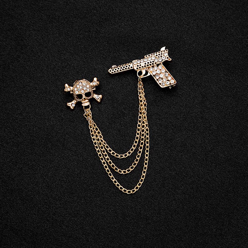 Image of Gothic Halloween Skull Hand Brooch Pin for Women Men Punk Vintage Crystal Skeleton Tassel Chain Lapel Pins Dark Skull Brooches Sweater Suit Accessory