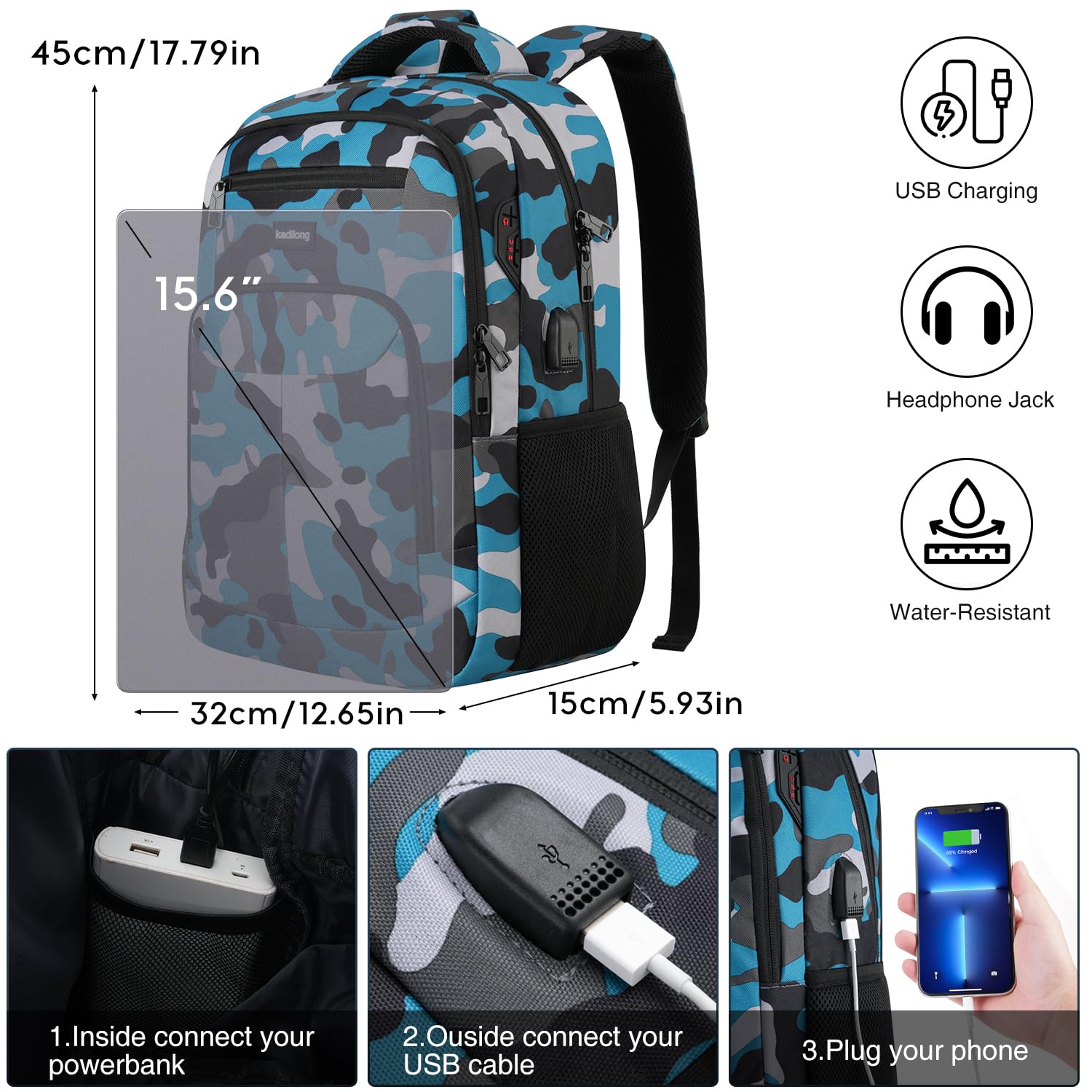 kadilong Zaino scolastico per ragazzi e adolescenti, cartella per scuola, università, zaino laptop da uomo per lavoro con USB per viaggi business, notebook