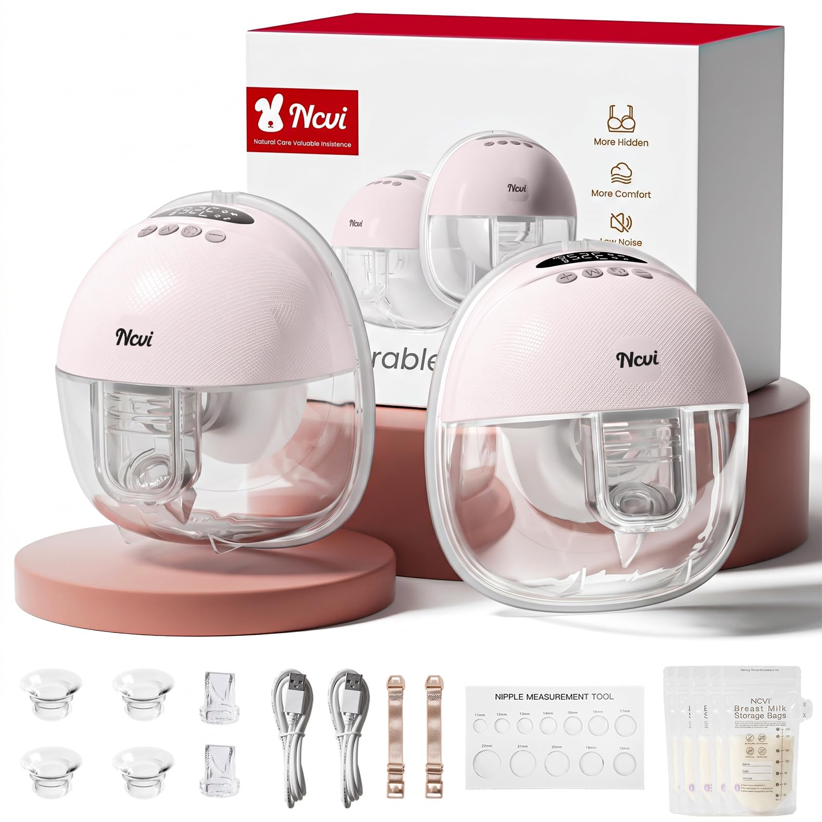 NCVI Tiralatte a mani libere, tiralatte portatile indossabile, 4 modalità, 9 livelli per lavoro, viaggi e uso notturno con display a LED, rosa