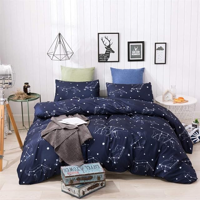 Navy Blue Zodiac Bedding Set Double Size Constellation Duvet Cover Star Outer Space Theme Comforter Cover for Boys Girls Bedroom Decor, 1x Duvet Cover (200 x 200 cm), 2 x Pillowcase