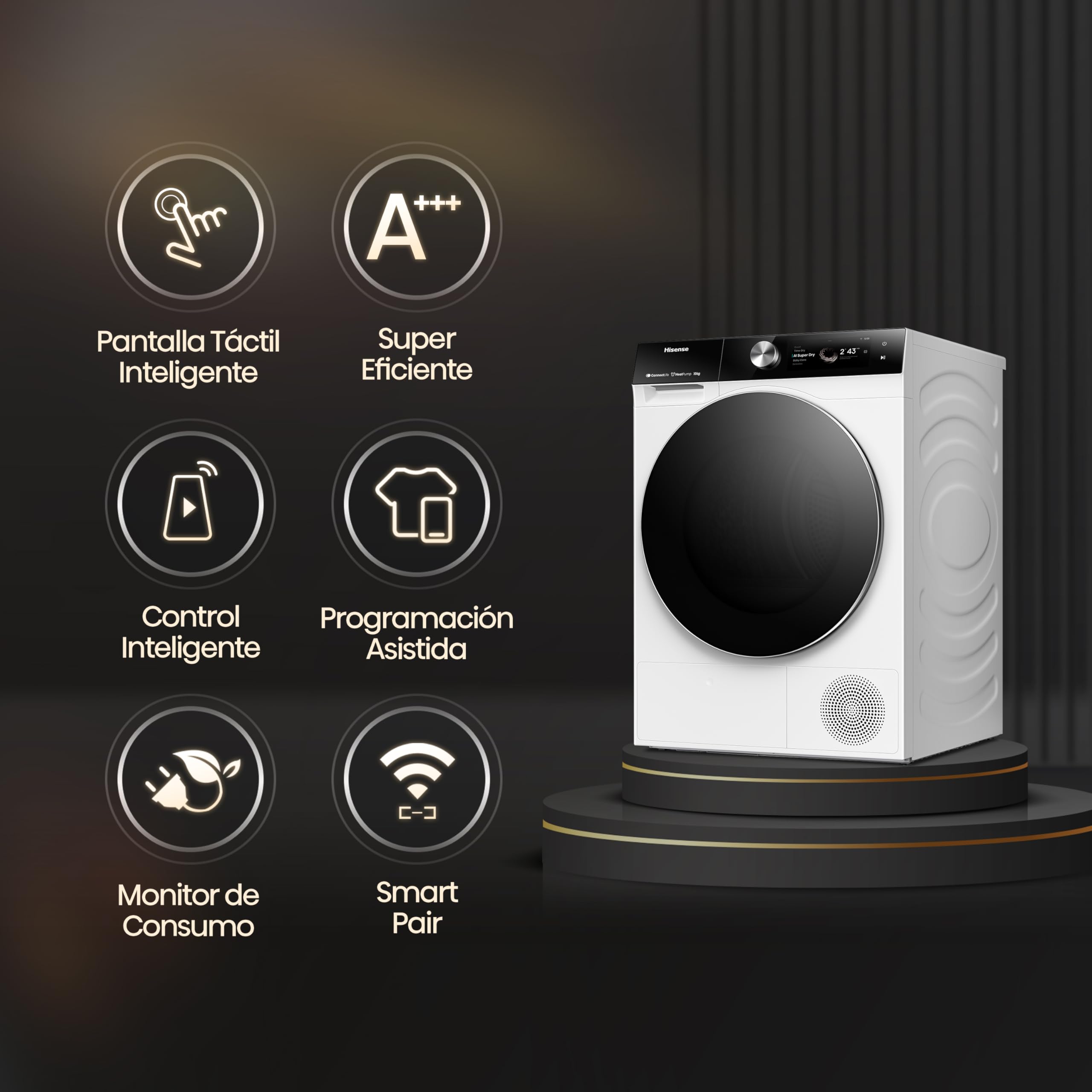 Hisense DH7S107BW - Secadora, Clase A+++, 10 kg, Pantalla Táctil, Conectividad WiFi, Monitor de Consumo, Función Ion Refresh, Auto-Dry IA, Secado Rápido, Blanco