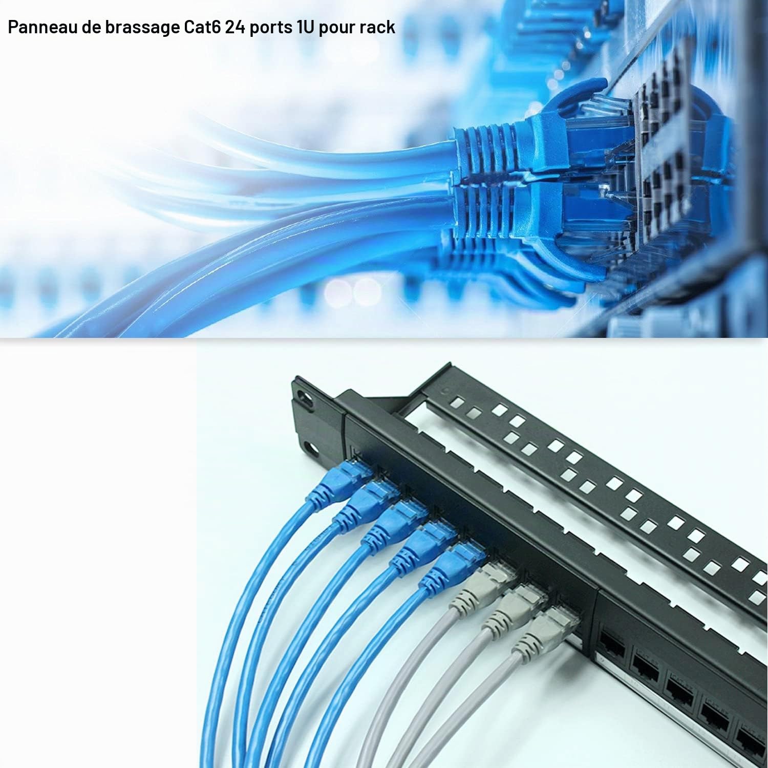 Cat6 Panneau De Brassage, Rj45 Port De CâBle RéSeau Prise Droite Cadre De Gestion De Cable, Transmission Stable à Grande Vitesse, Durable, pour Le Bureau Et L'Industrie Etc (24 Port 1U Rack)