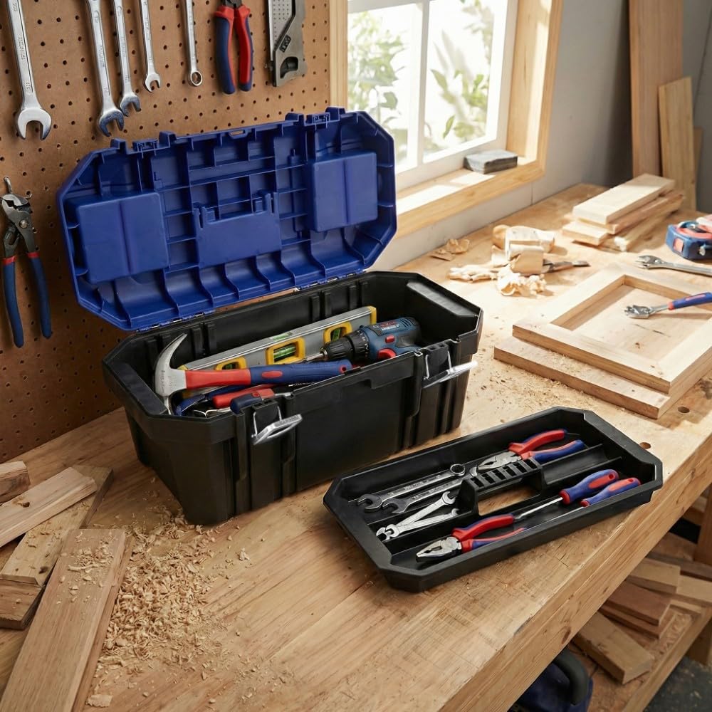 WORKPRO 19'' Metal Kilitli Plastik Takım Çantası, ABS Malzeme, 48.8x26.5x24.5 cm, 15 kg Taşıma Kapasiteli, 2 Şeffaf Bölmeli