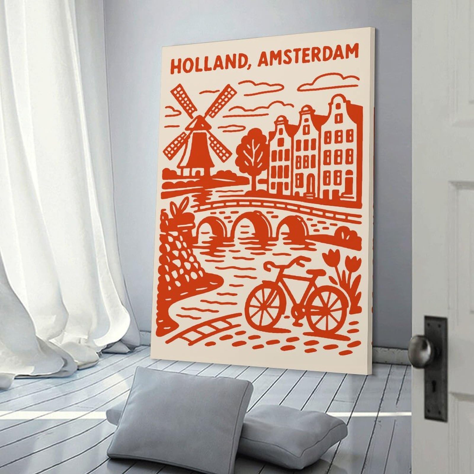 Junmoney Holland, Amsterdam Illustration Canvas Wall Decor, 16x24inch(40x60cm), for New Homes, Bedrooms Or Workspaces, Gift Idea for Housewarming And Birthdays