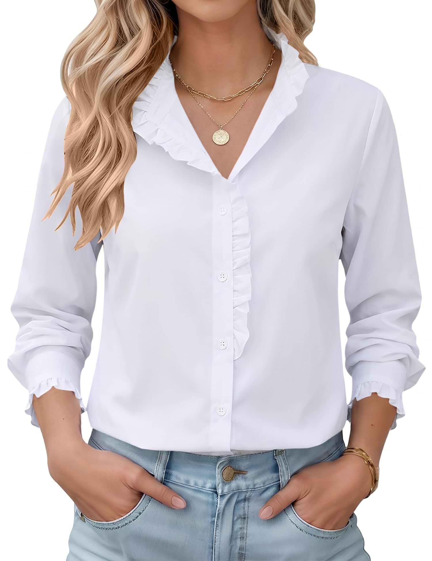 LOMON Button Down Shirts for Women Dressy Casual Long Sleeve Ruffle Blouses Office Tops Work Shirt Long Sleeve · Solid