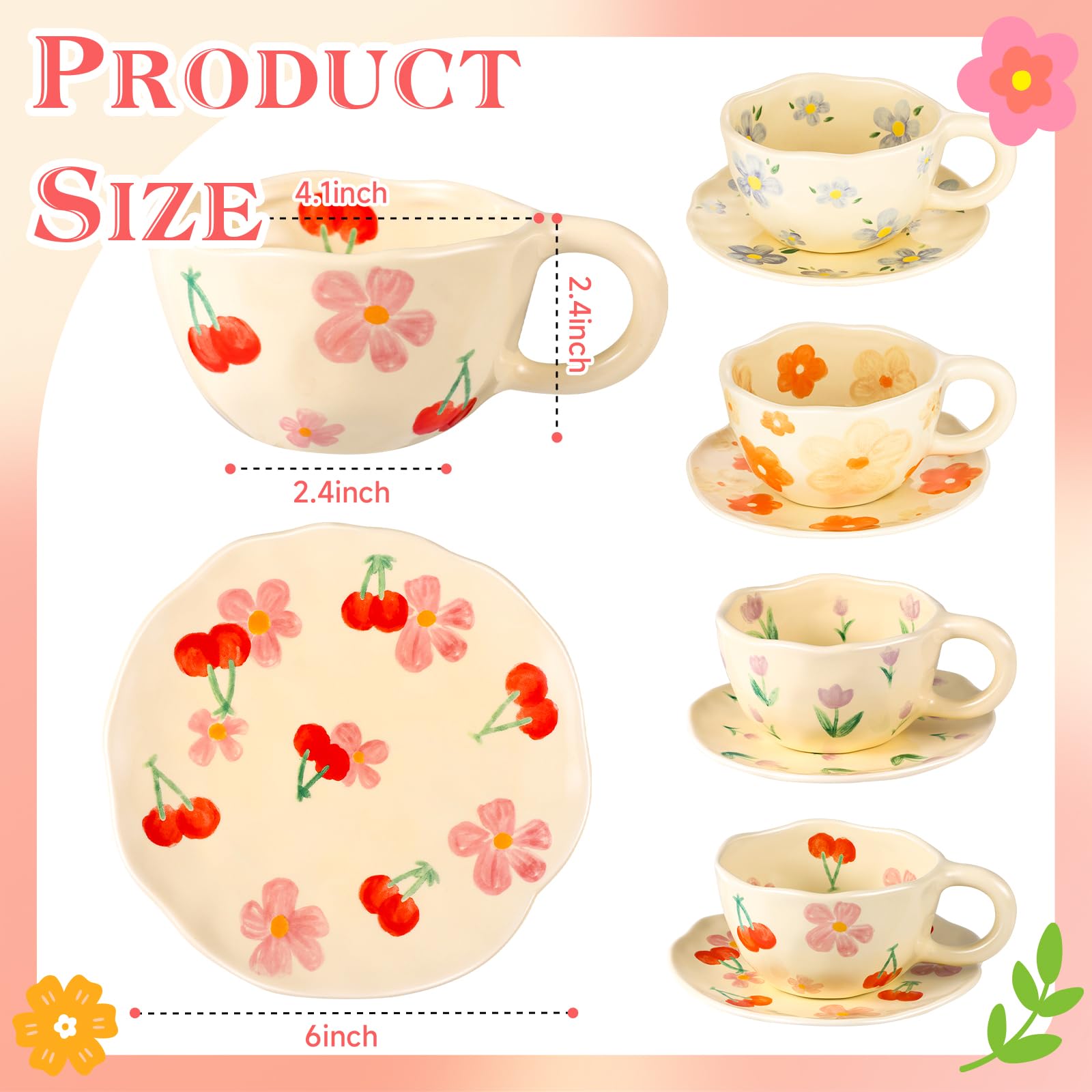 Set di 4 tazze da cappuccino con piattini, in ceramica, 226,8 g, per latte art e latte, stile vintage, per americano, tè, espresso, moka, latte, adatte al microonde e alla lavastoviglie