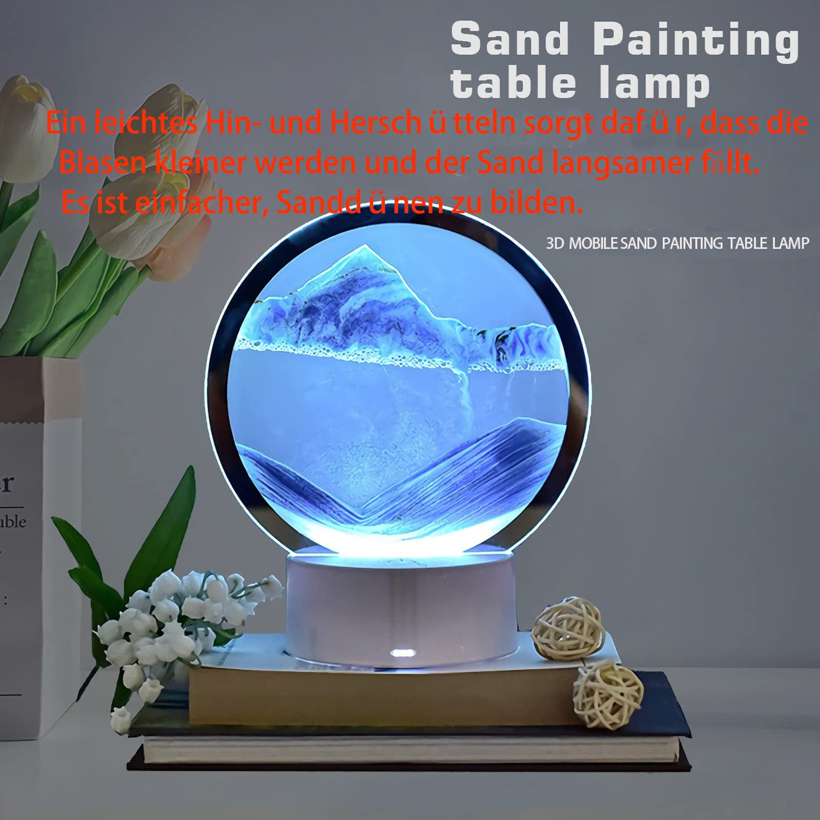 LED Zandafbeeldingen, 360° Draaien Bewegend Zandkunstbeeld, vloeiend zandschilderij zandloperverlichting met licht, 24 cm, vloeiend, bewegende mountains, zandkunst in diepzee, bewegend zandbeeld