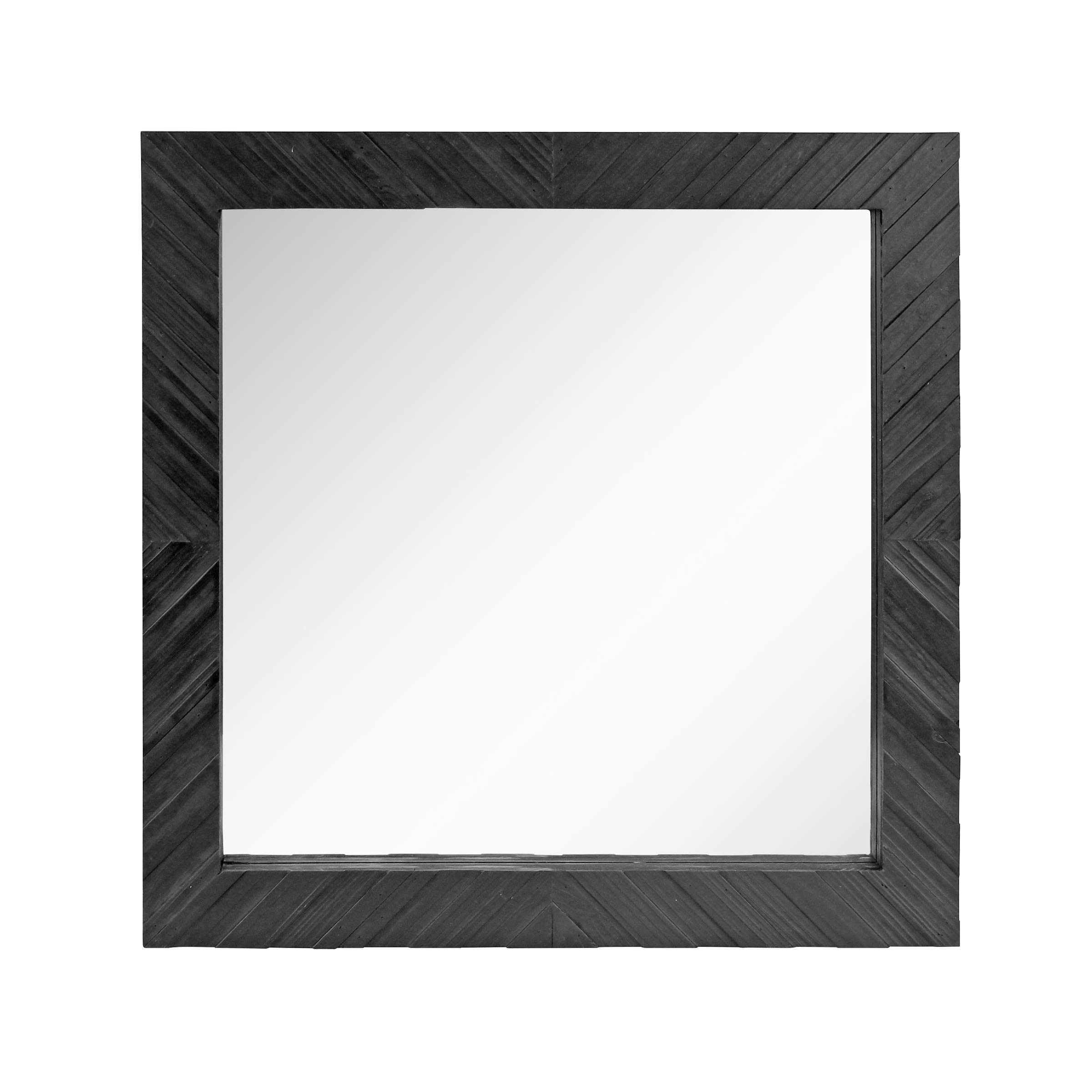 Stonebriar SB-6272A Square Textured Black Wooden Chevron Hanging Wall Mirror with Attached Mounting Brackets, 20" x 20"