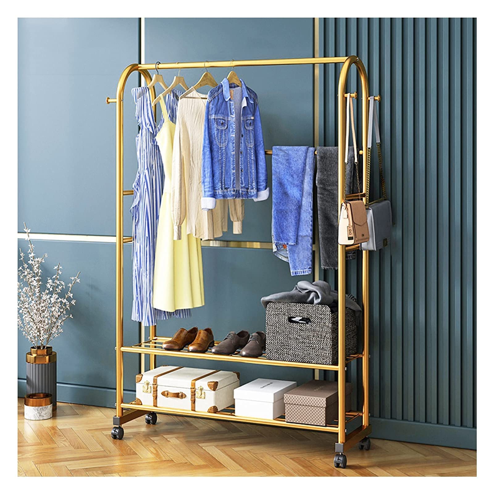YNBSHGAA Metal Clothes Rail Rack with Wheels for Bedroom and Livingroom/Gold/100cm Heavy Duty Garment Dress Coats Jackets Drying Rack,Gold-80cm