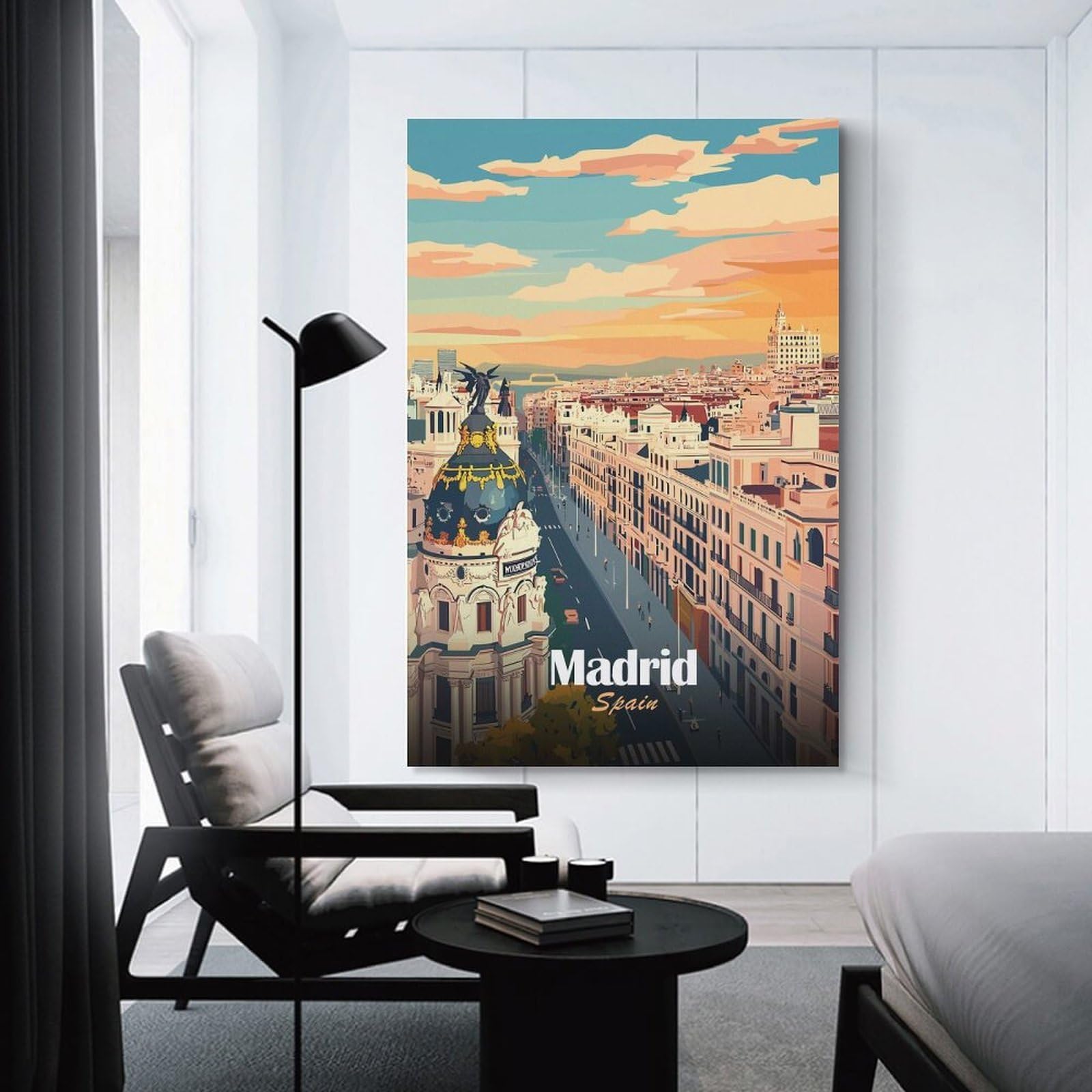 Junmoney Madrid Spain Cityscape Illustration Canvas Wall Picture, 20x30inch(50x75cm), for Entrance Spaces, Stair Walls Or Halls, A Stylish Accent for Home Entrances