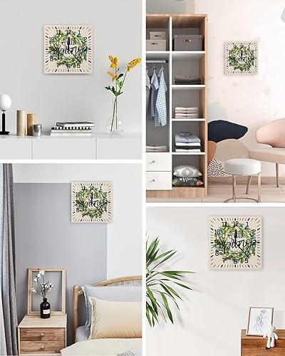 Miniatura 4 de Hello Spring Wooden Wall Clock Silent Non Ticking, Teal Tulip Flower Wreath Botanical Aesthetic Square Wall Clock Battery Operated, Decor Clock for